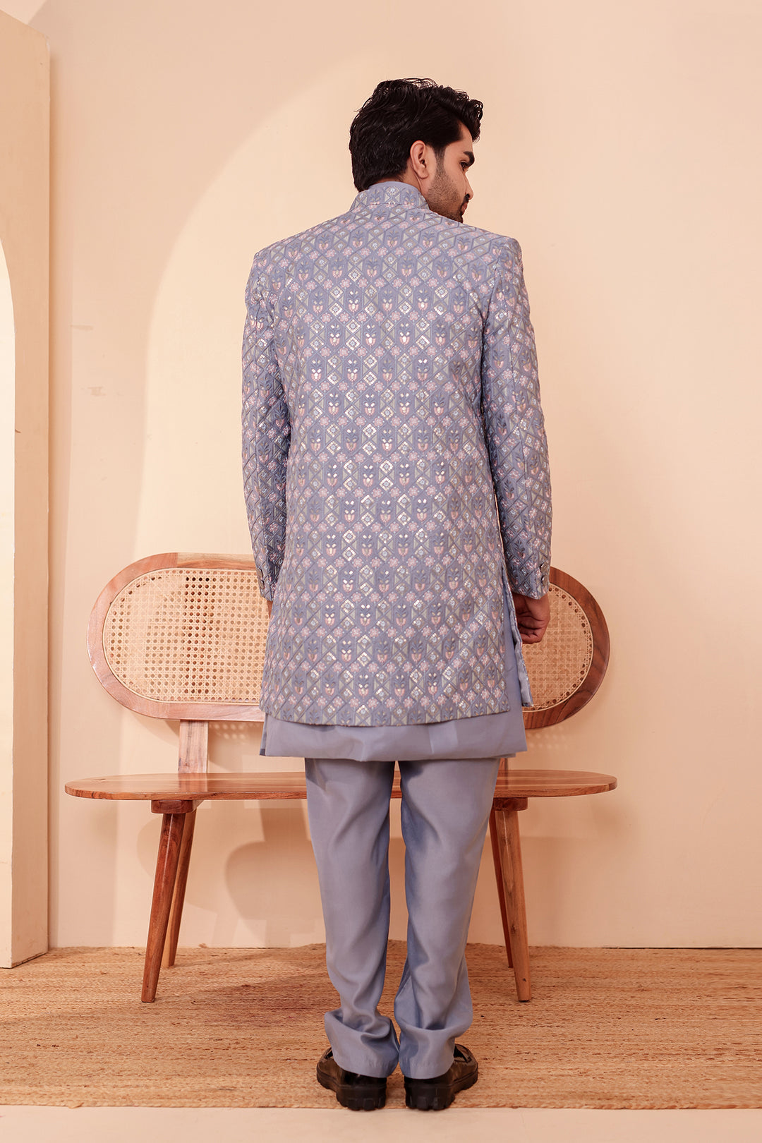Mesh Blue Open Jacket Style Indo-Western Suit Embroidered All over