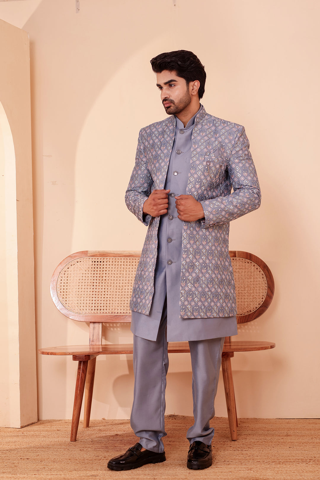 Mesh Blue Open Jacket Style Indo-Western Suit Embroidered All over