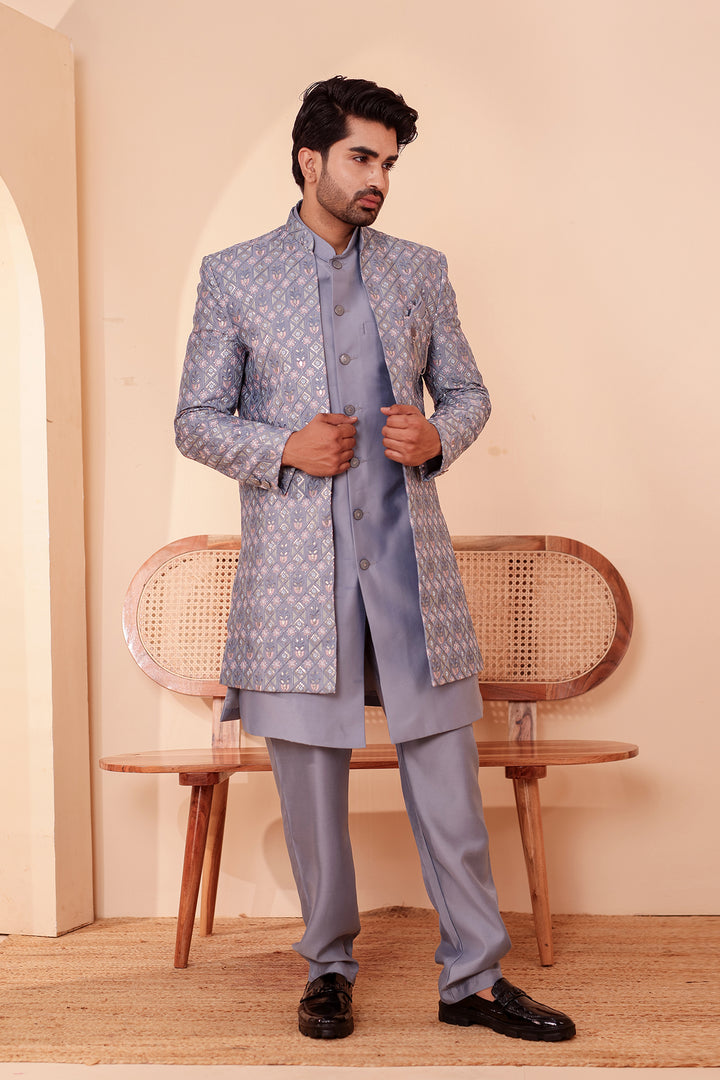 Mesh Blue Open Jacket Style Indo-Western Suit Embroidered All over