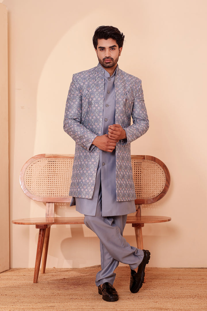 Mesh Blue Open Jacket Style Indo-Western Suit Embroidered All over