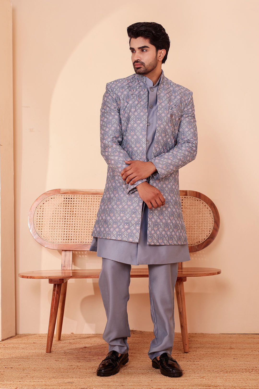 Mesh Blue Open Jacket Style Indo-Western Suit Embroidered All over
