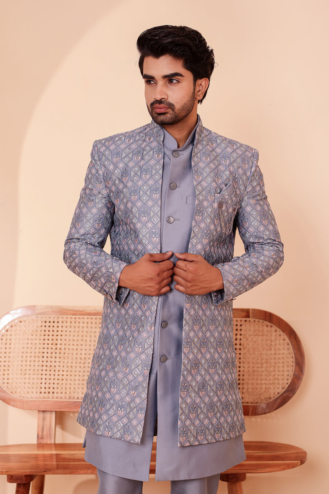 Mesh Blue Open Jacket Style Indo-Western Suit Embroidered All over