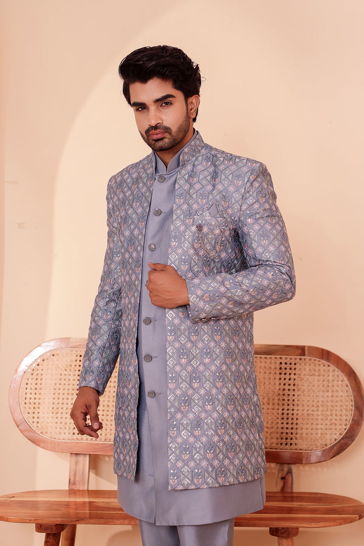 Mesh Blue Open Jacket Style Indo-Western Suit Embroidered All over
