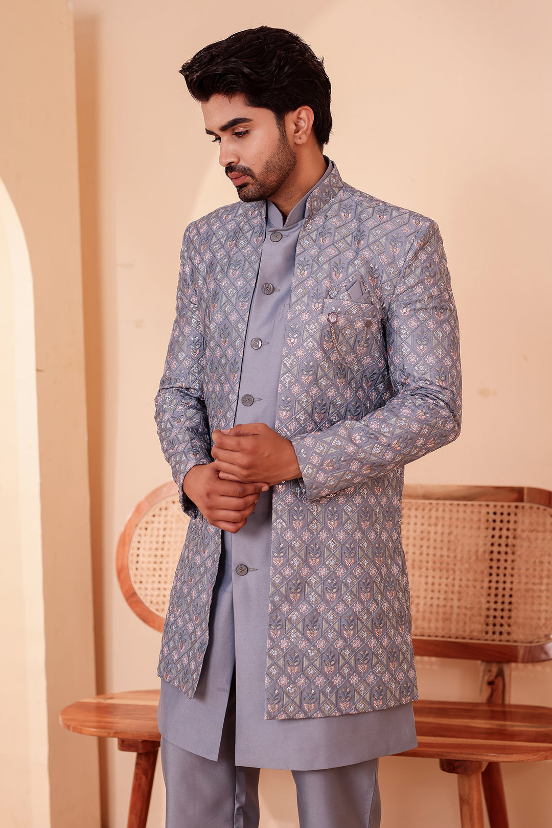 Mesh Blue Open Jacket Style Indo-Western Suit Embroidered All over