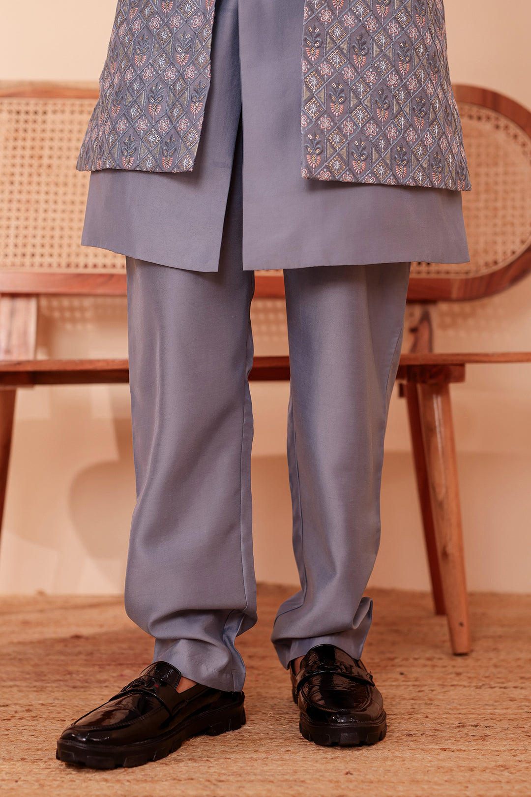 Mesh Blue Open Jacket Style Indo-Western Suit Embroidered All over