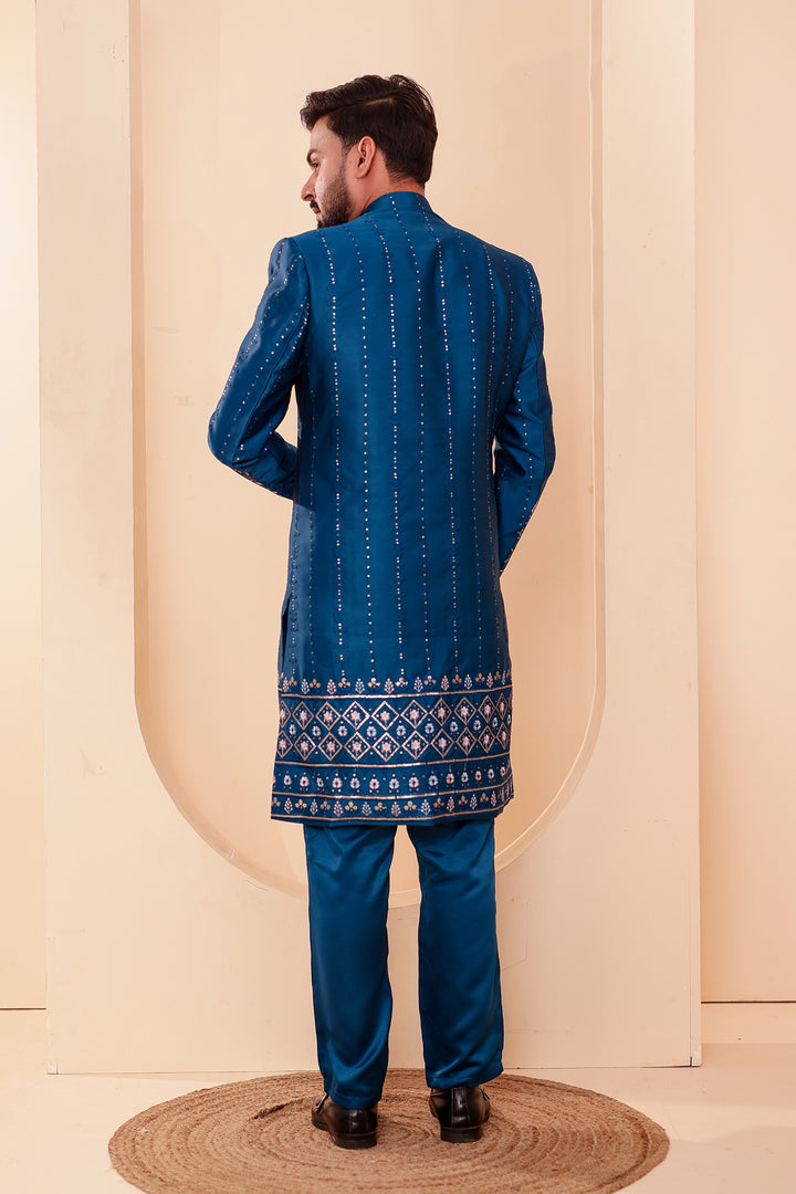 Dark Rama Raw Silk Sequin Embroidered Indo-western Suit.