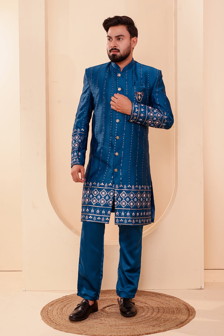 Dark Rama Raw Silk Sequin Embroidered Indo-western Suit.