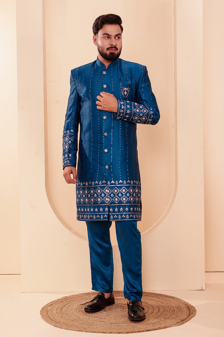 Dark Rama Raw Silk Sequin Embroidered Indo-western Suit.