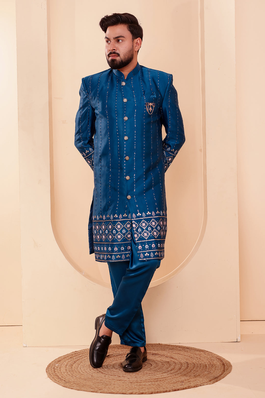 Dark Rama Raw Silk Sequin Embroidered Indo-western Suit.