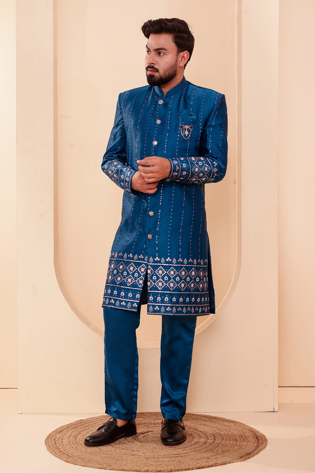 Dark Rama Raw Silk Sequin Embroidered Indo-western Suit.