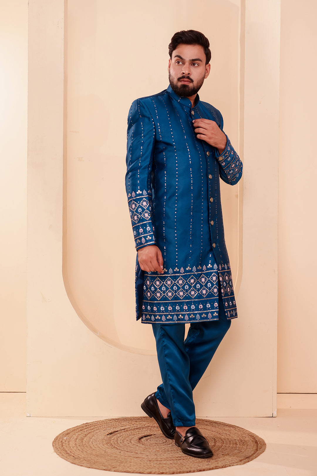 Dark Rama Raw Silk Sequin Embroidered Indo-western Suit.