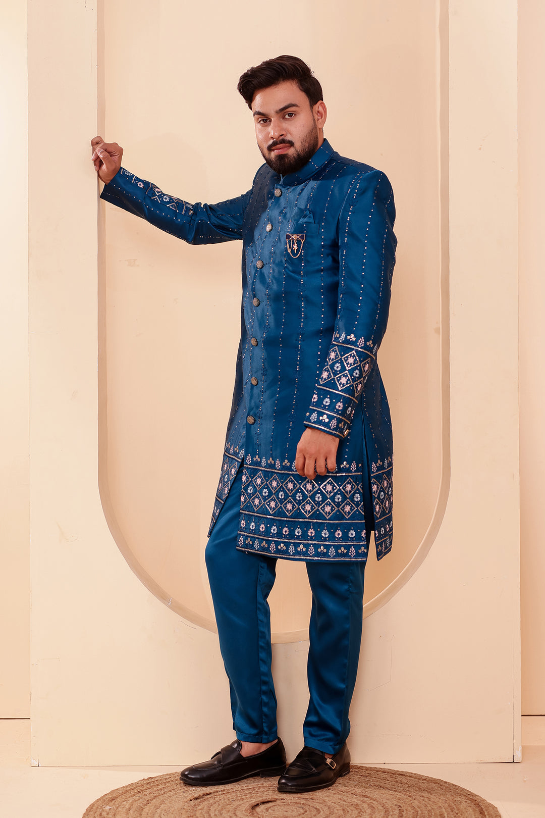 Dark Rama Raw Silk Sequin Embroidered Indo-western Suit.