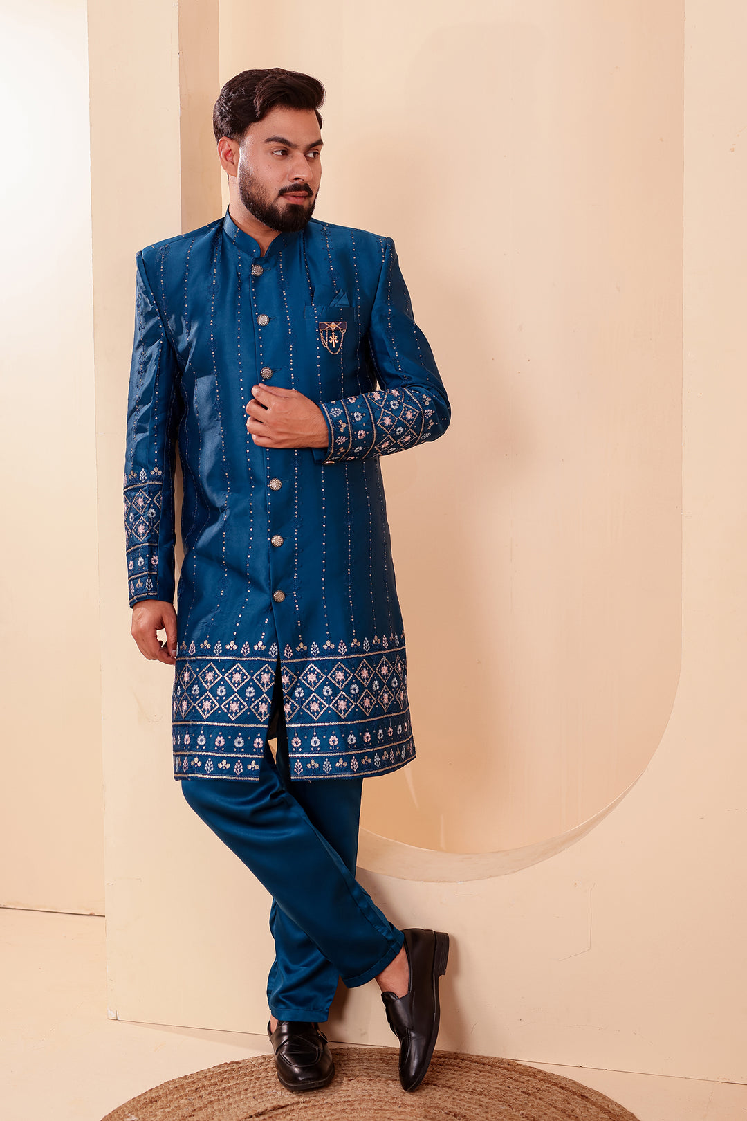 Dark Rama Raw Silk Sequin Embroidered Indo-western Suit.