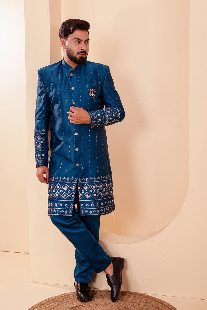 Dark Rama Raw Silk Sequin Embroidered Indo-western Suit.