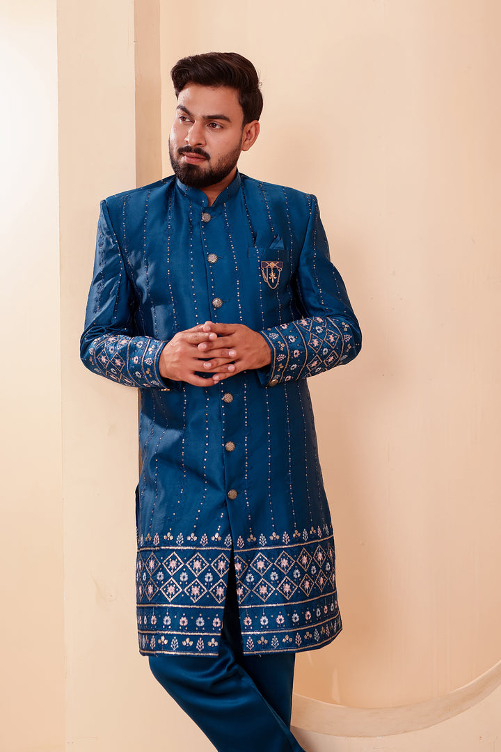 Dark Rama Raw Silk Sequin Embroidered Indo-western Suit.