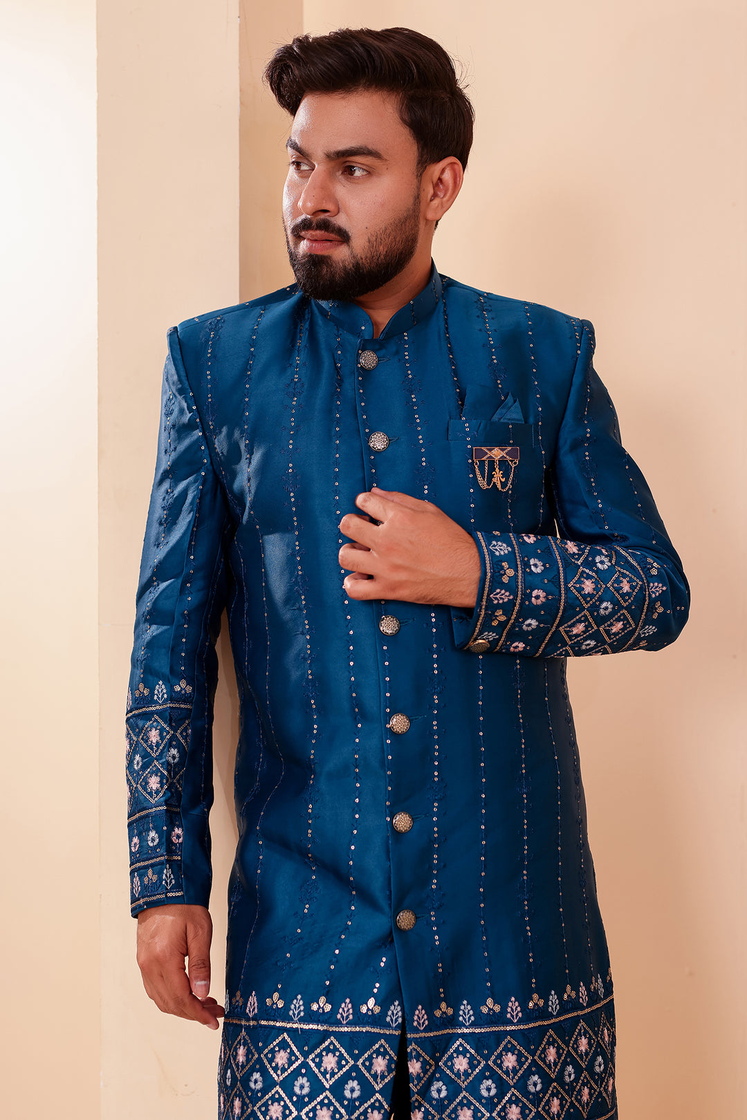 Dark Rama Raw Silk Sequin Embroidered Indo-western Suit.