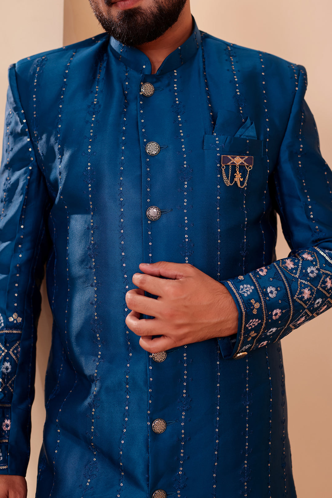 Dark Rama Raw Silk Sequin Embroidered Indo-western Suit.