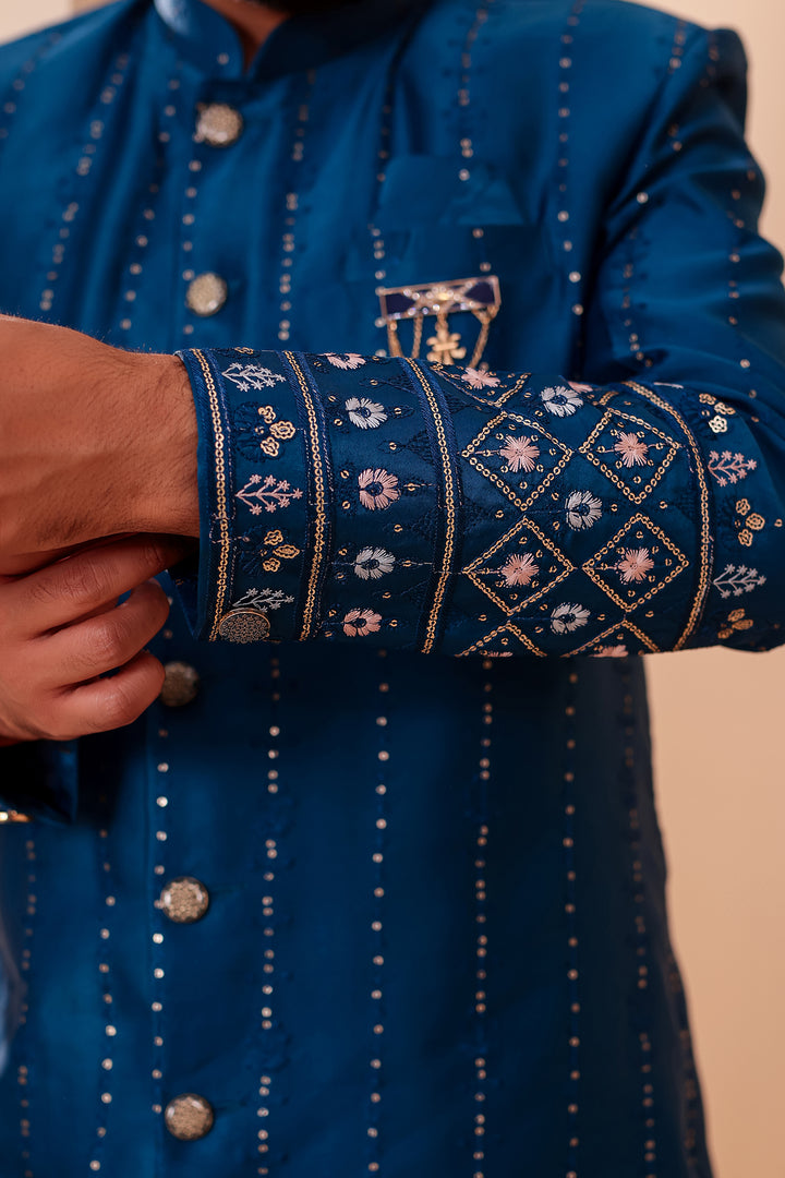 Dark Rama Raw Silk Sequin Embroidered Indo-western Suit.