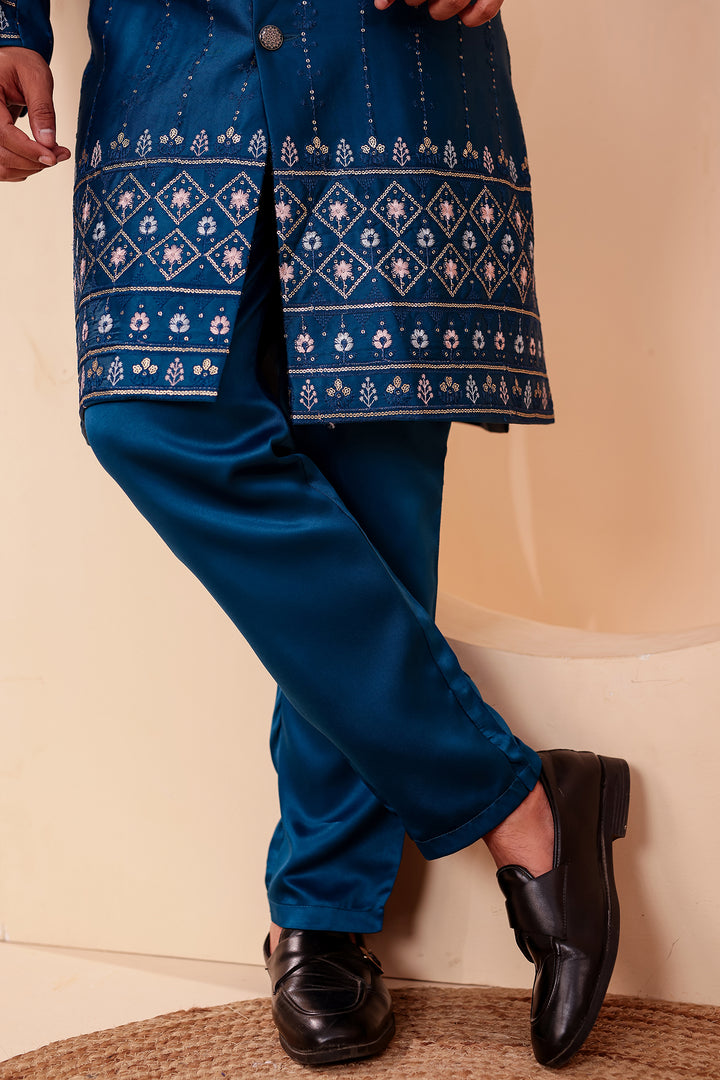 Dark Rama Raw Silk Sequin Embroidered Indo-western Suit.