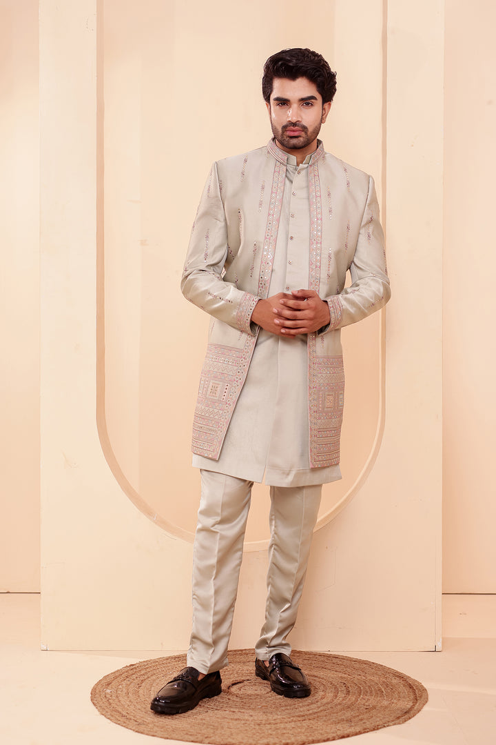 Mint GreenSoft Silk Indo-Western suit with Mirror Embroidery.