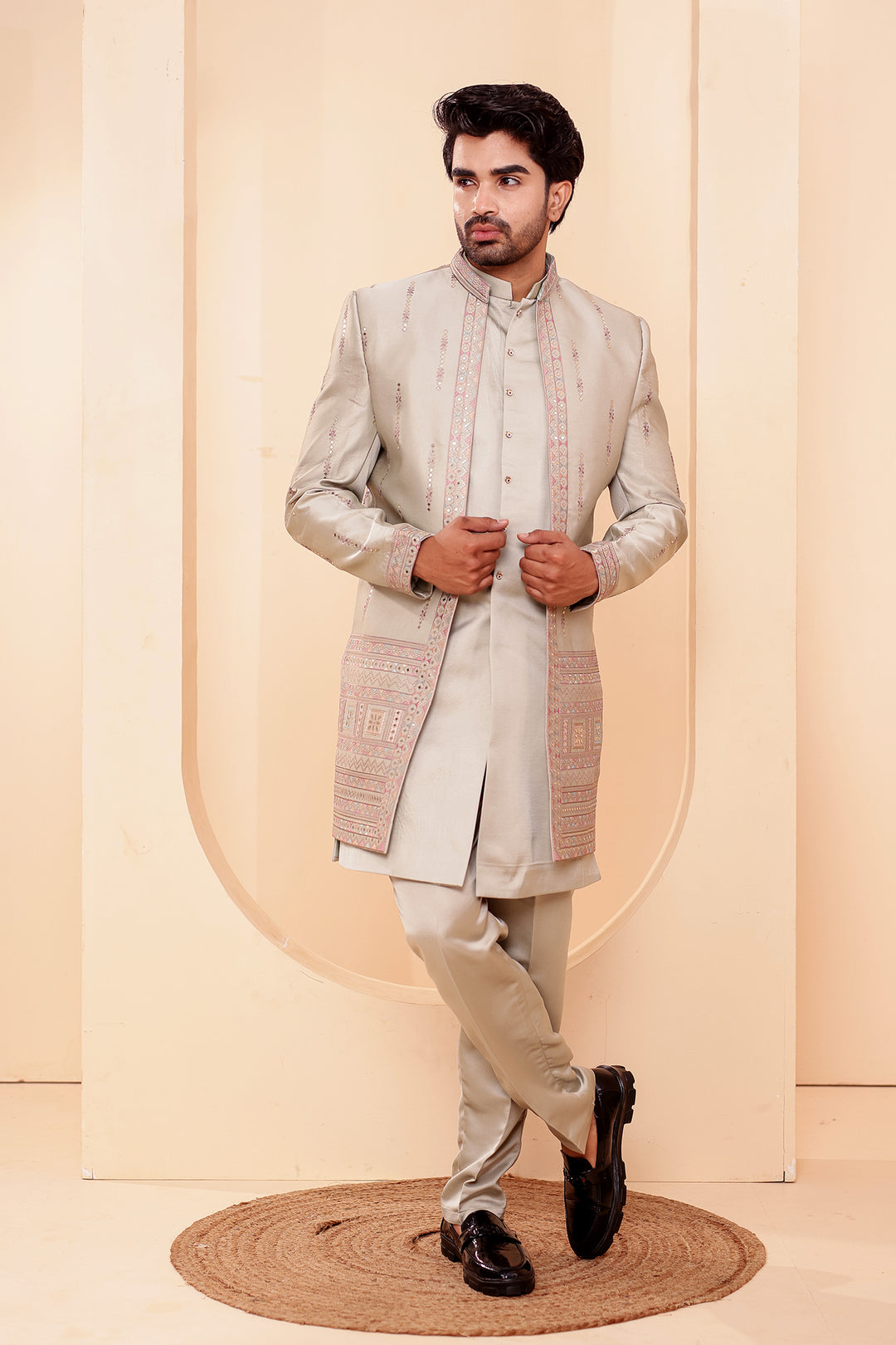 Mint GreenSoft Silk Indo-Western suit with Mirror Embroidery.