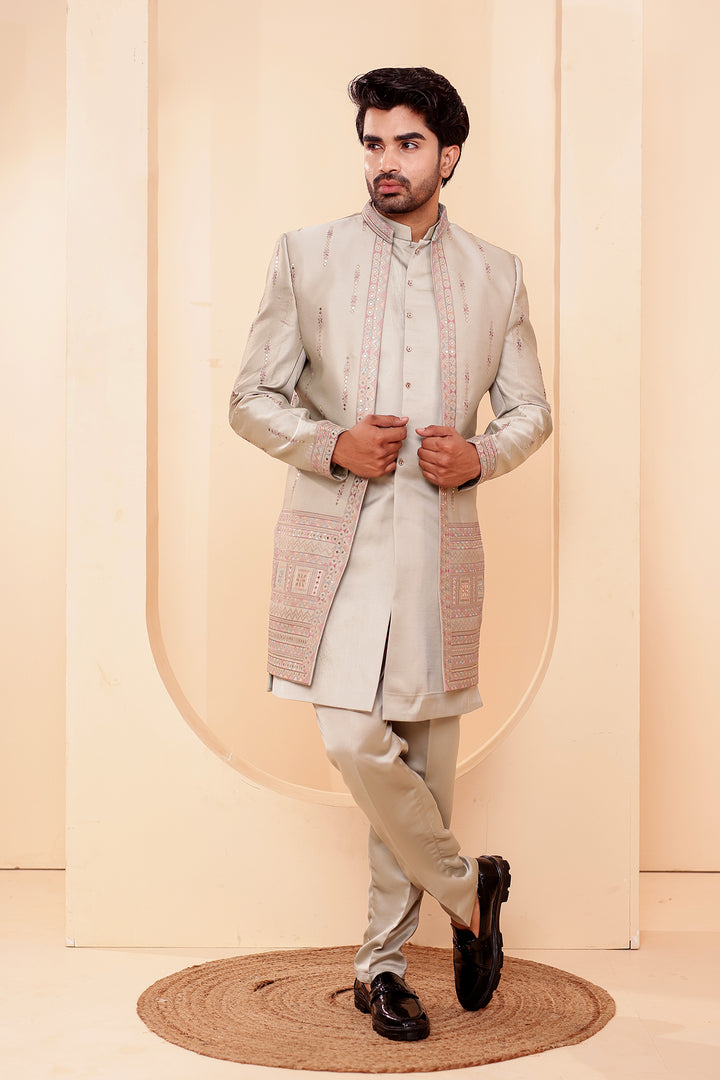 Mint GreenSoft Silk Indo-Western suit with Mirror Embroidery.