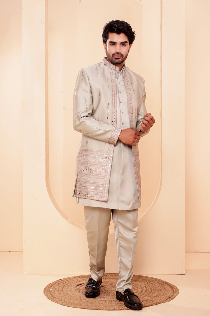 Mint GreenSoft Silk Indo-Western suit with Mirror Embroidery.