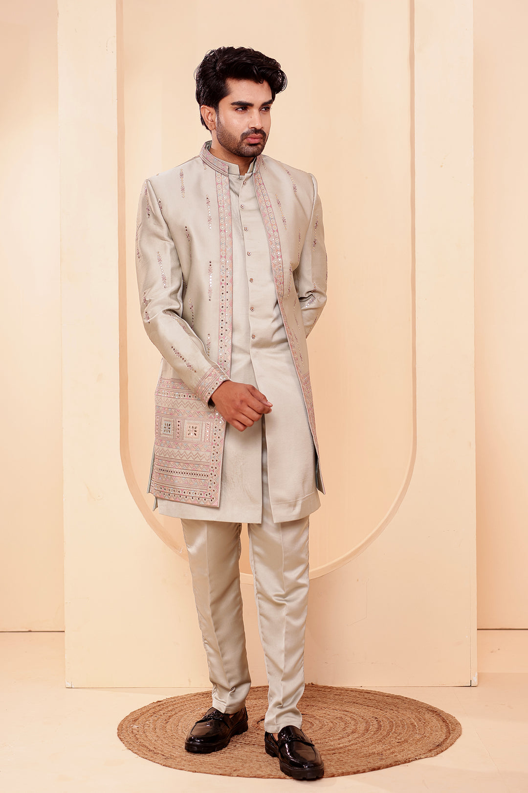 Mint GreenSoft Silk Indo-Western suit with Mirror Embroidery.