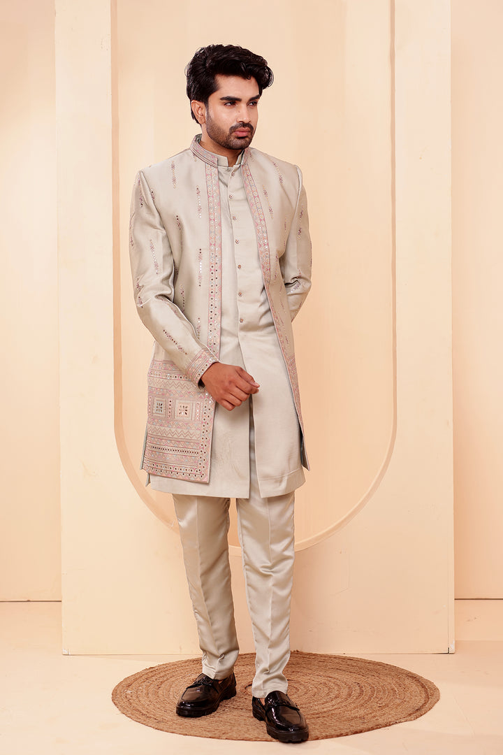 Mint GreenSoft Silk Indo-Western suit with Mirror Embroidery.