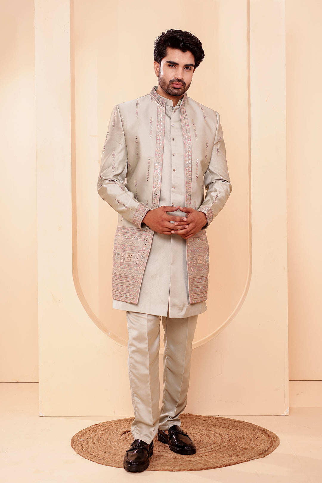 Mint GreenSoft Silk Indo-Western suit with Mirror Embroidery.
