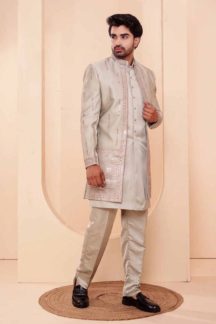 Mint GreenSoft Silk Indo-Western suit with Mirror Embroidery.