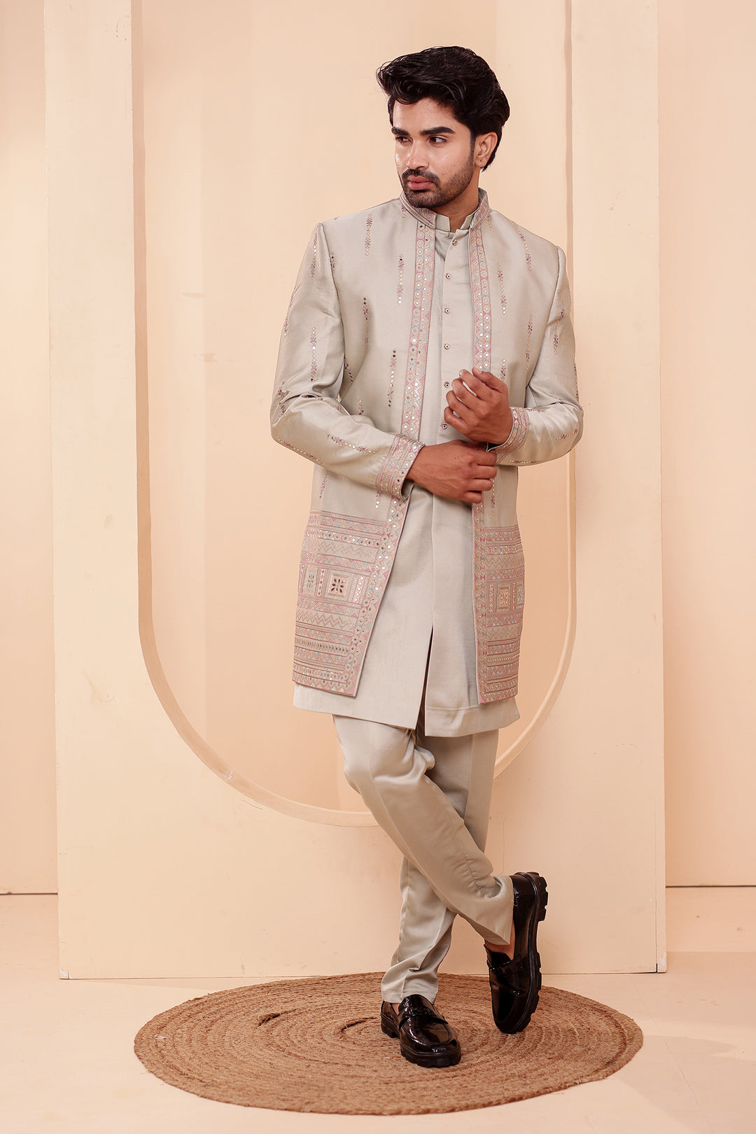 Mint GreenSoft Silk Indo-Western suit with Mirror Embroidery.