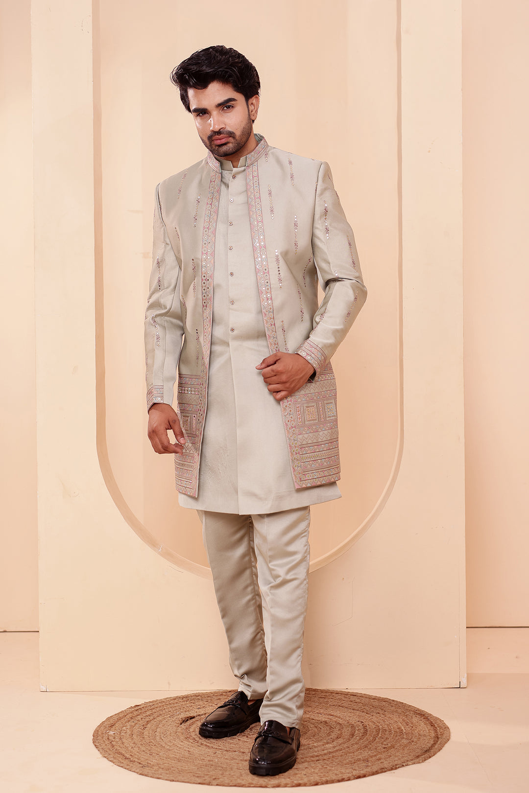 Mint GreenSoft Silk Indo-Western suit with Mirror Embroidery.