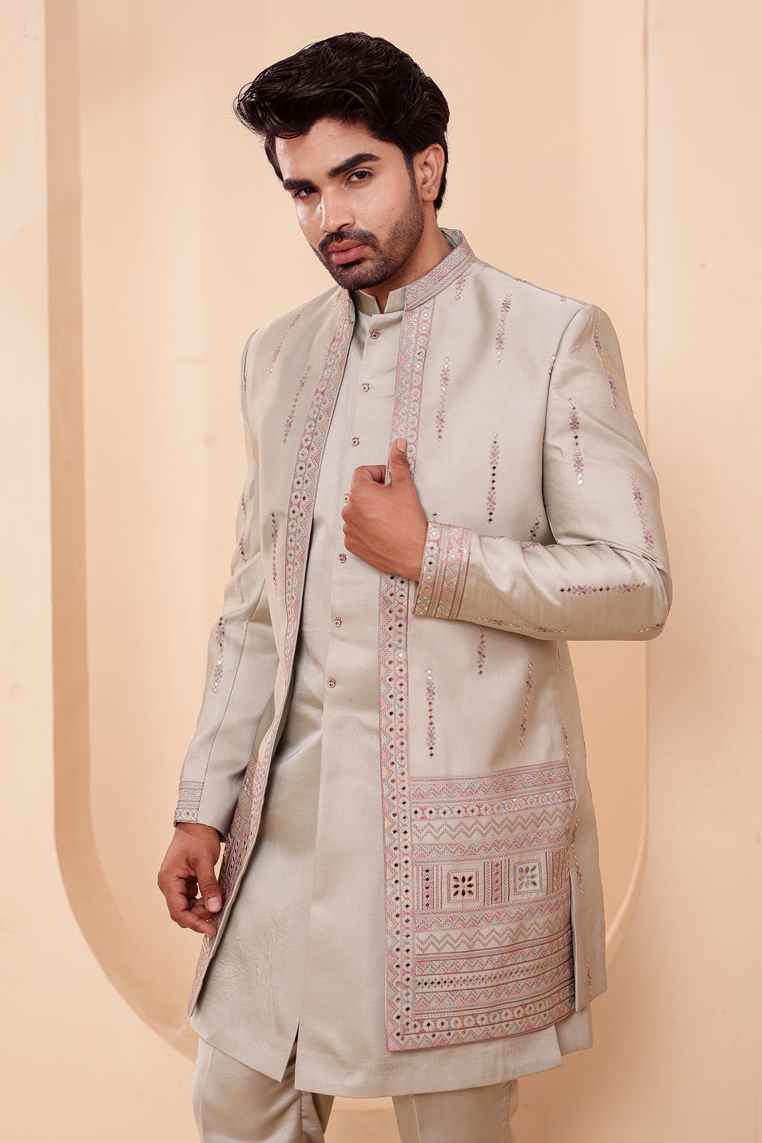 Mint GreenSoft Silk Indo-Western suit with Mirror Embroidery.