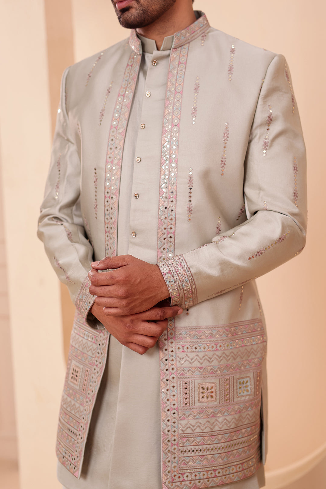 Mint GreenSoft Silk Indo-Western suit with Mirror Embroidery.
