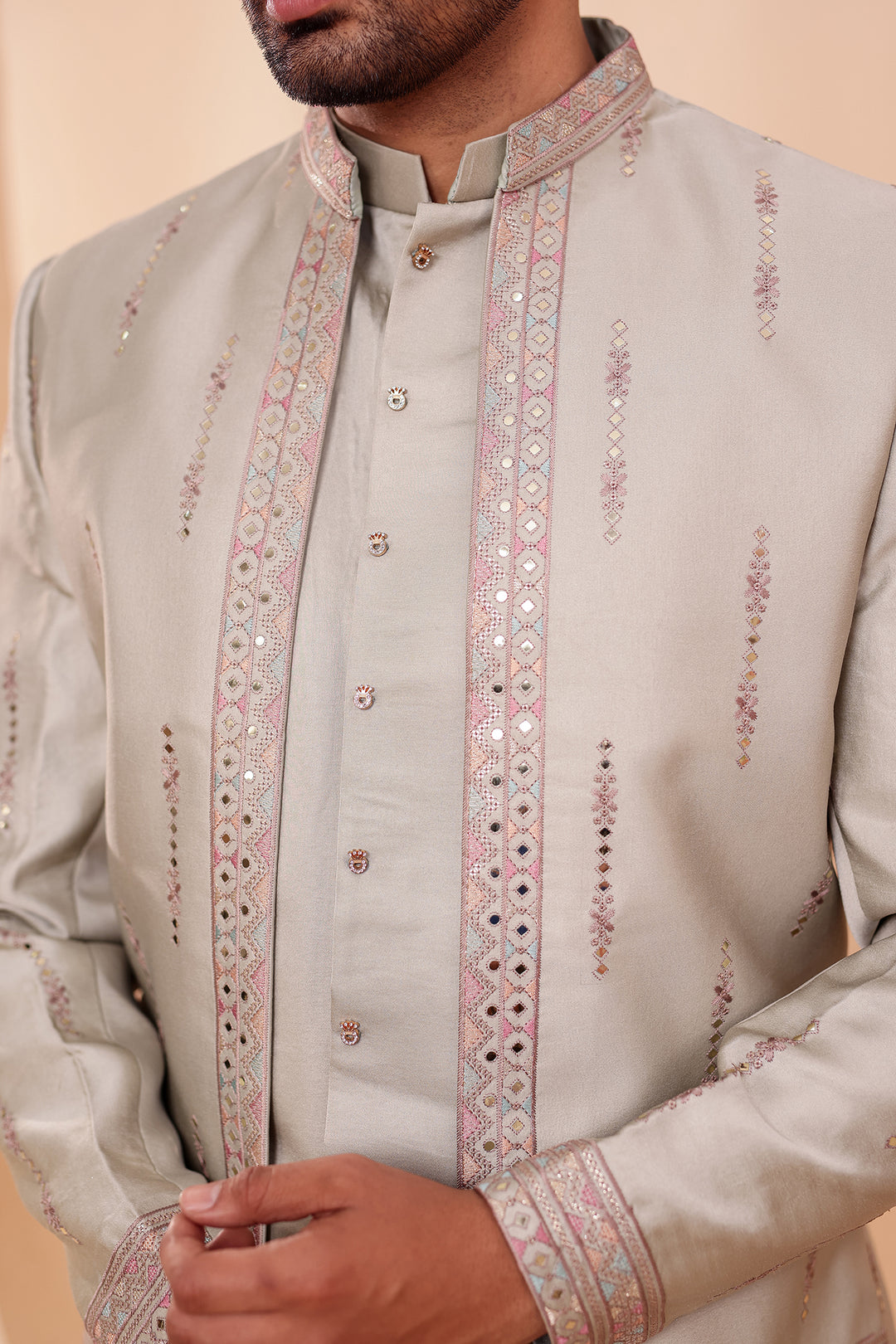 Mint GreenSoft Silk Indo-Western suit with Mirror Embroidery.