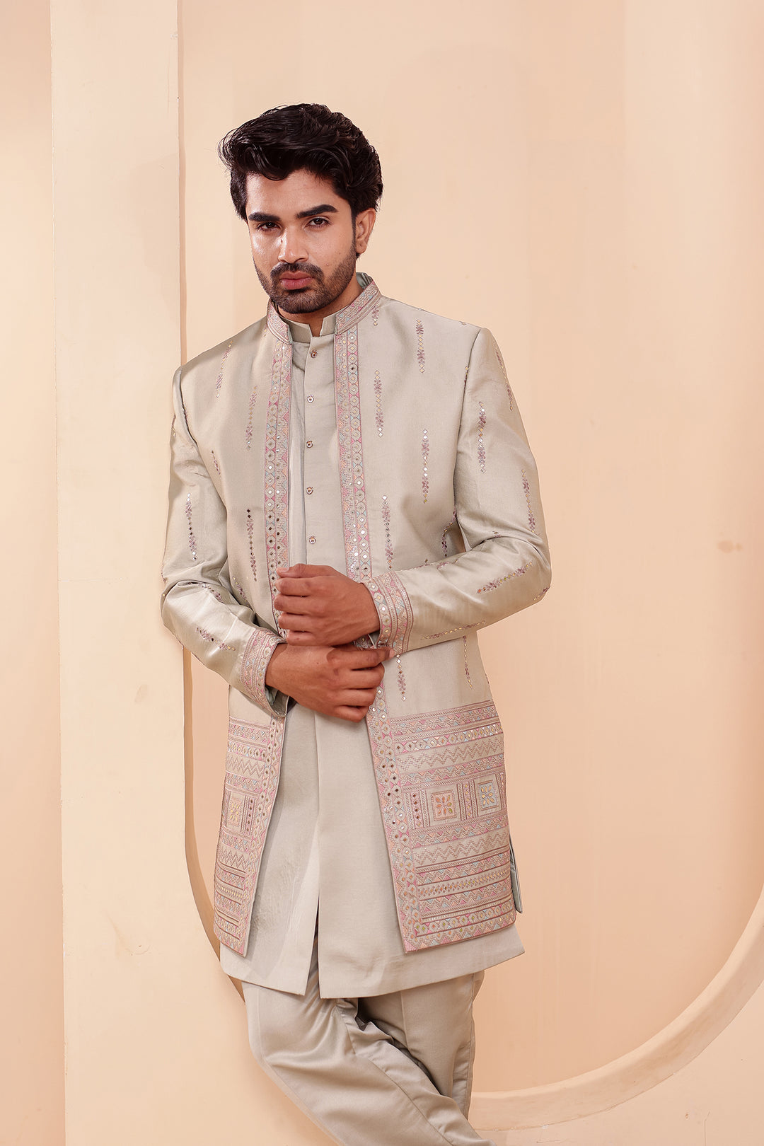 Mint GreenSoft Silk Indo-Western suit with Mirror Embroidery.