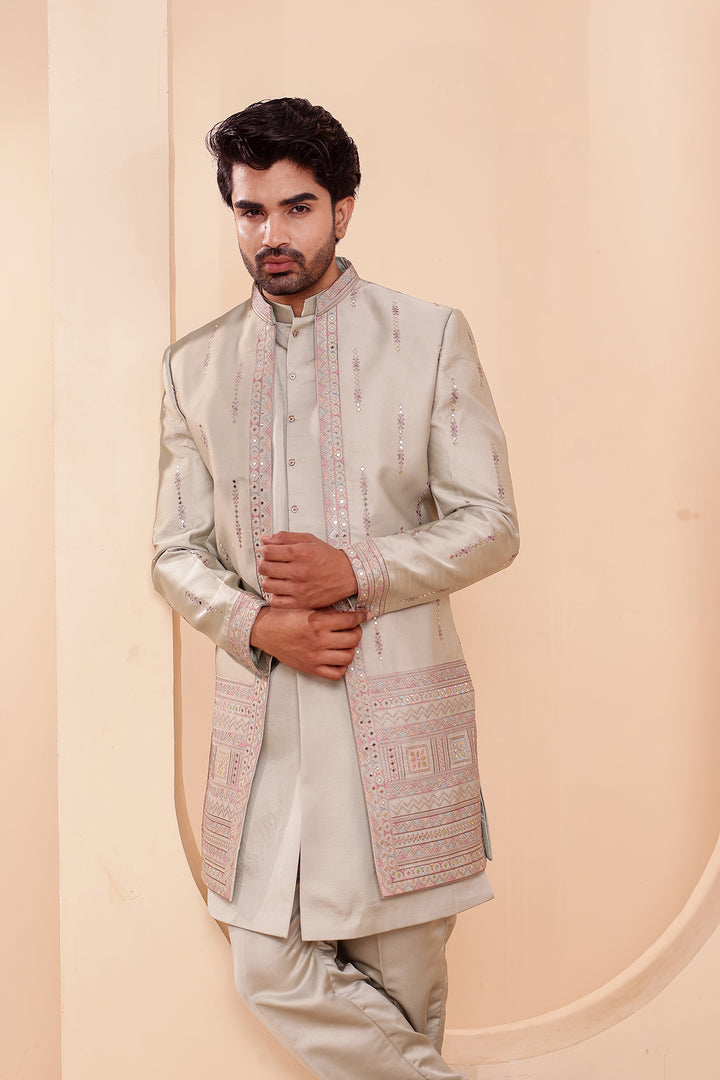 Mint GreenSoft Silk Indo-Western suit with Mirror Embroidery.