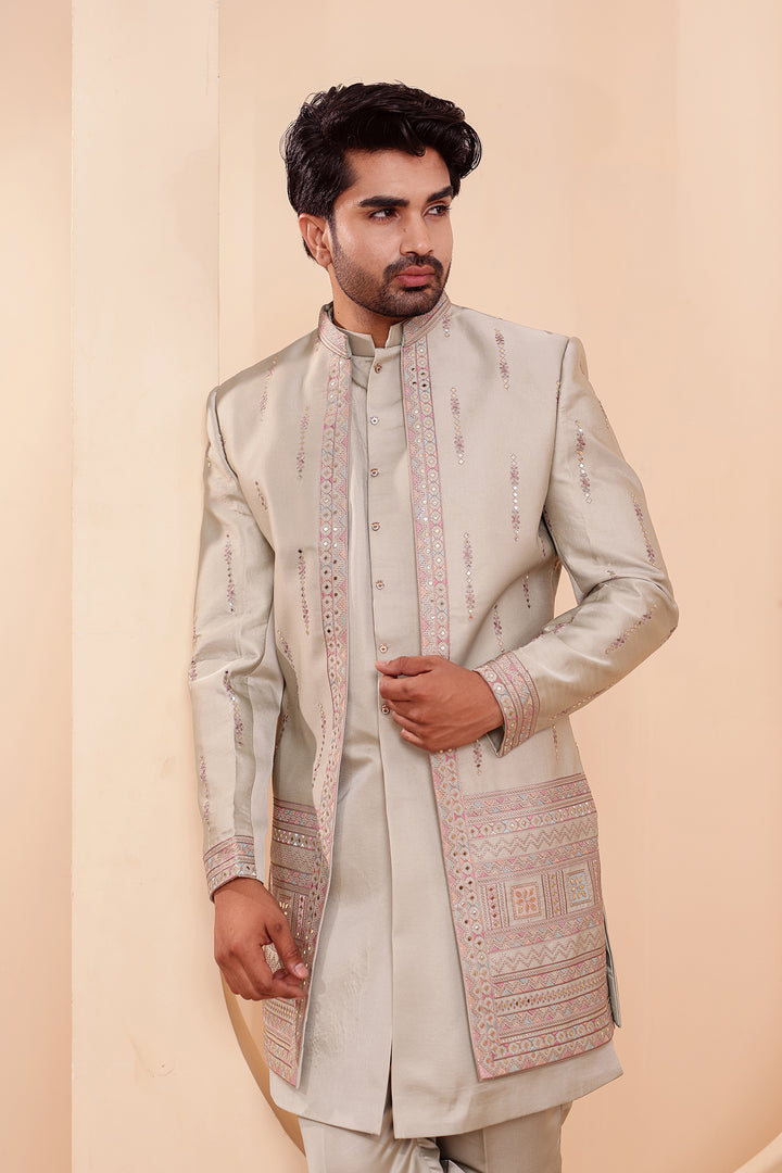 Mint GreenSoft Silk Indo-Western suit with Mirror Embroidery.