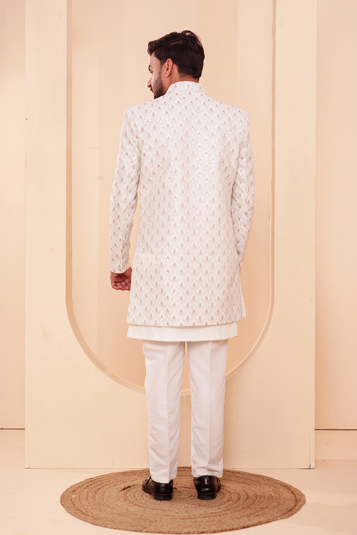 White Designer Open Jacket Indo-Western Suit Embroidered with Sequin & Thread.