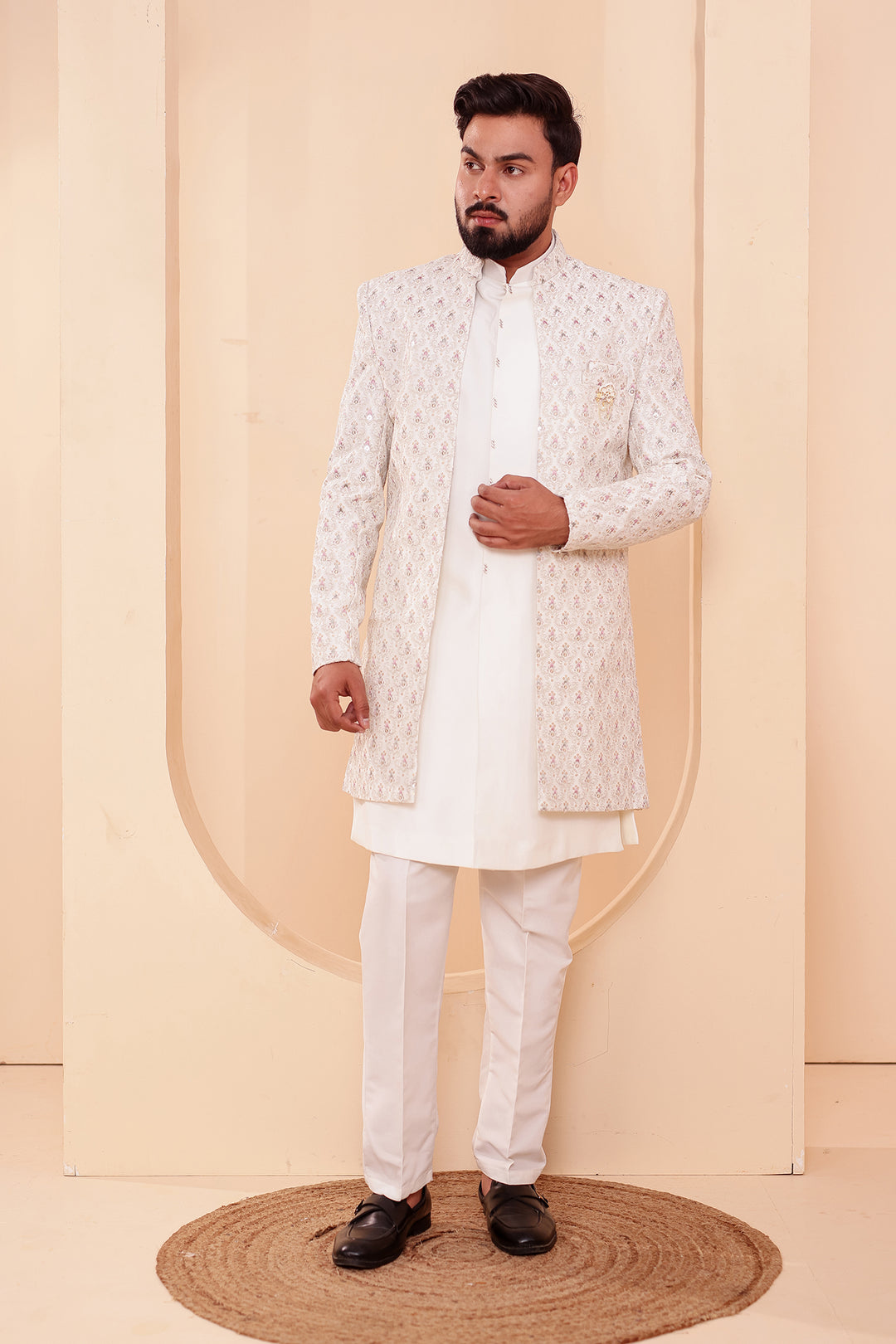 White Designer Open Jacket Indo-Western Suit Embroidered with Sequin & Thread.