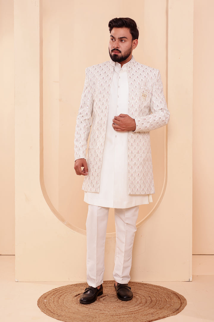 White Designer Open Jacket Indo-Western Suit Embroidered with Sequin & Thread.