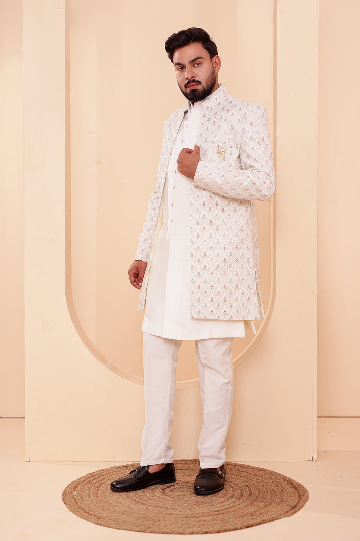 White Designer Open Jacket Indo-Western Suit Embroidered with Sequin & Thread.