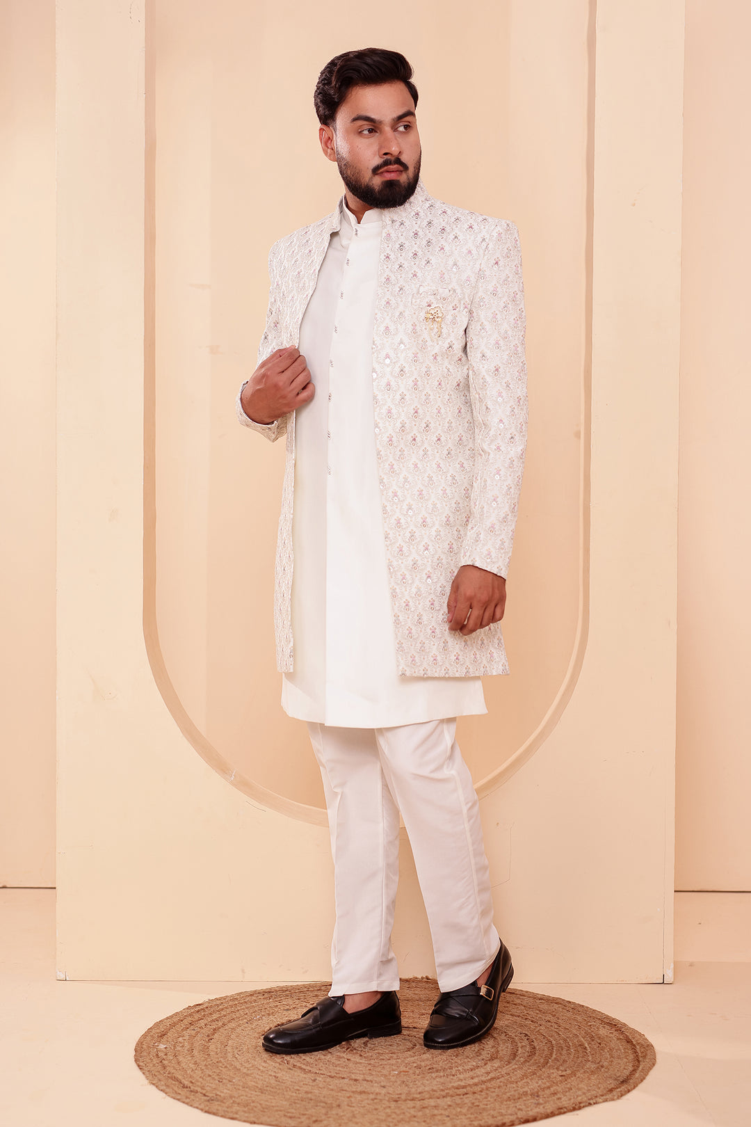 White Designer Open Jacket Indo-Western Suit Embroidered with Sequin & Thread.