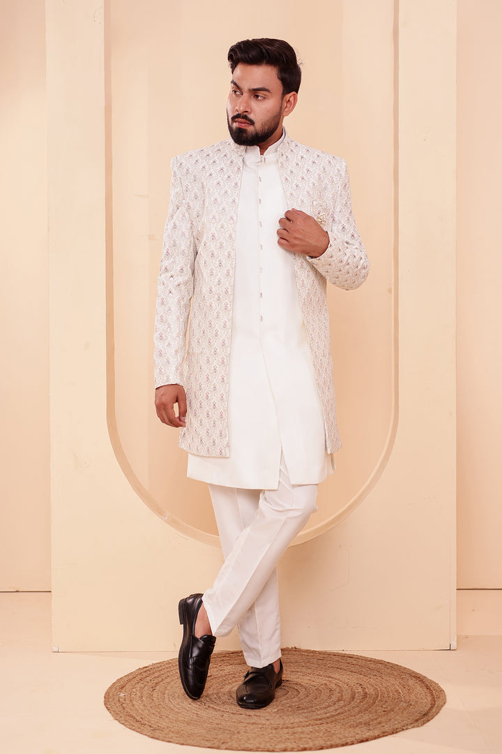 White Designer Open Jacket Indo-Western Suit Embroidered with Sequin & Thread.