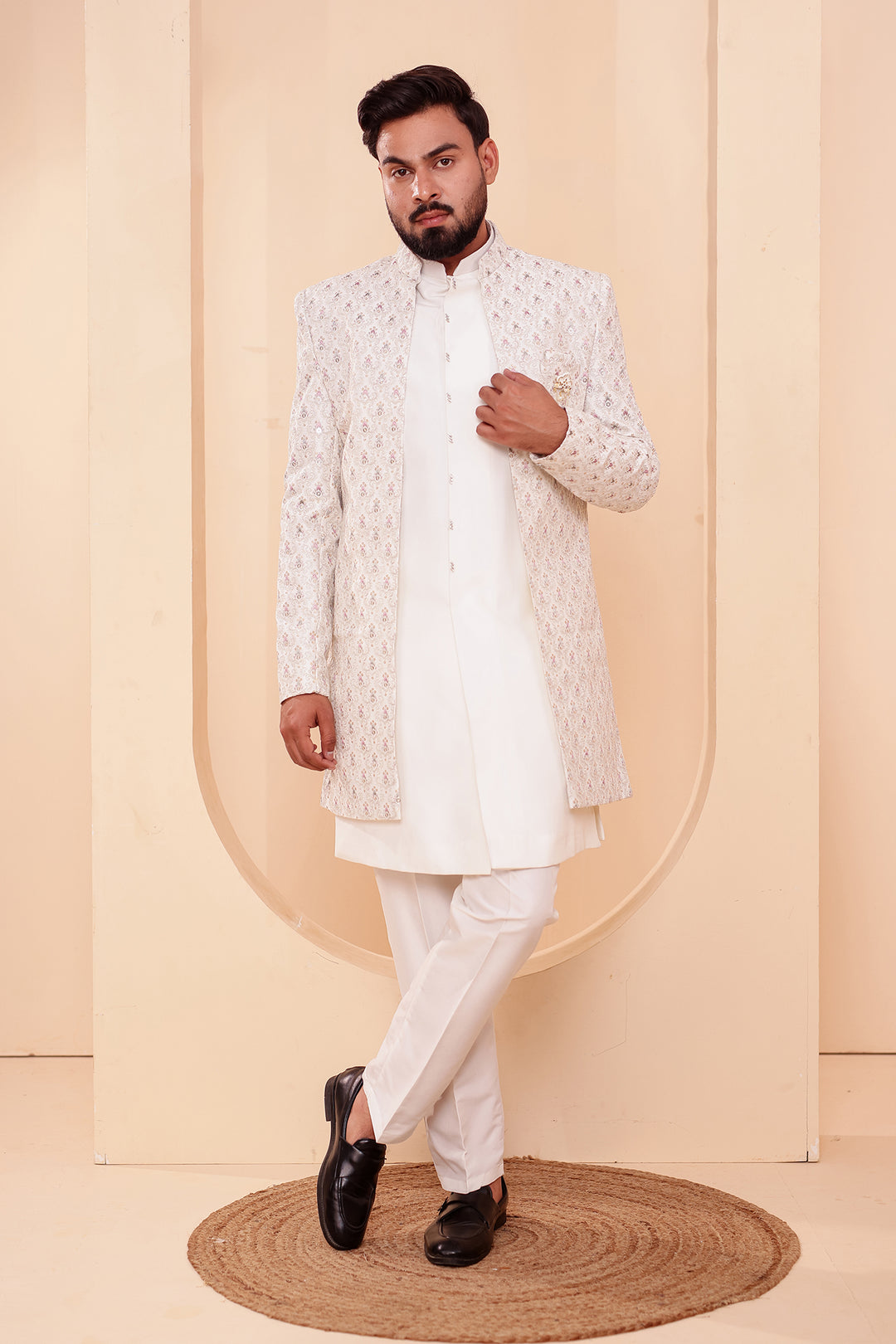 White Designer Open Jacket Indo-Western Suit Embroidered with Sequin & Thread.