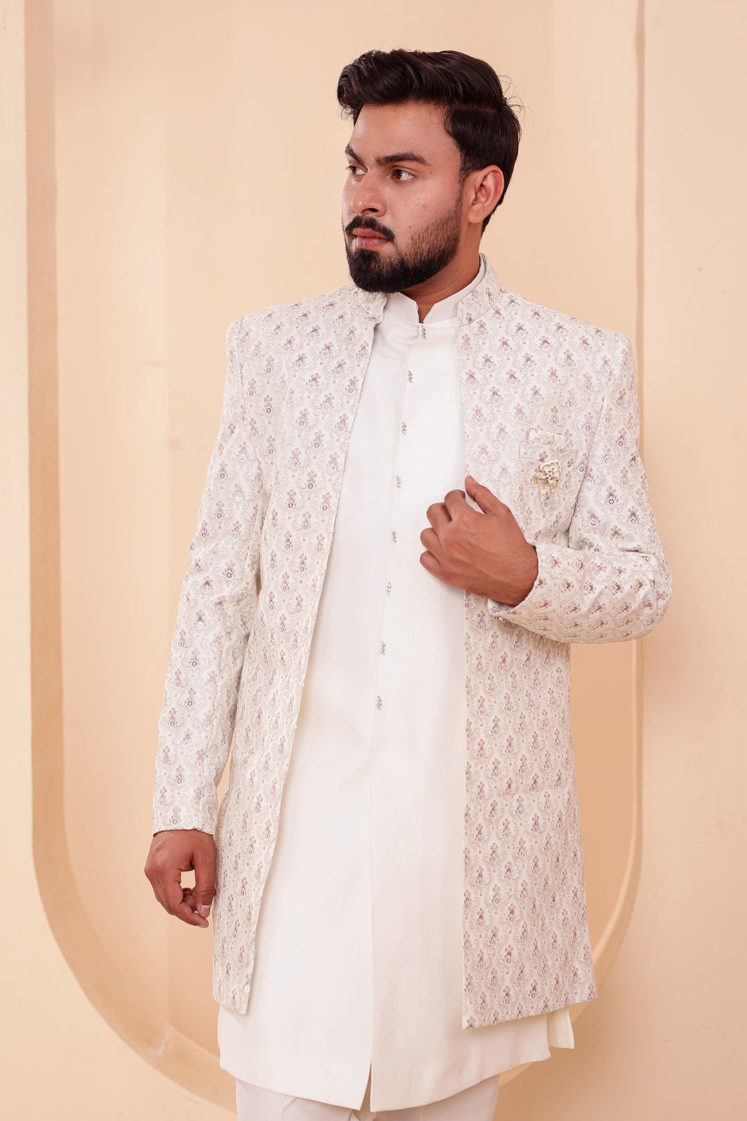 White Designer Open Jacket Indo-Western Suit Embroidered with Sequin & Thread.