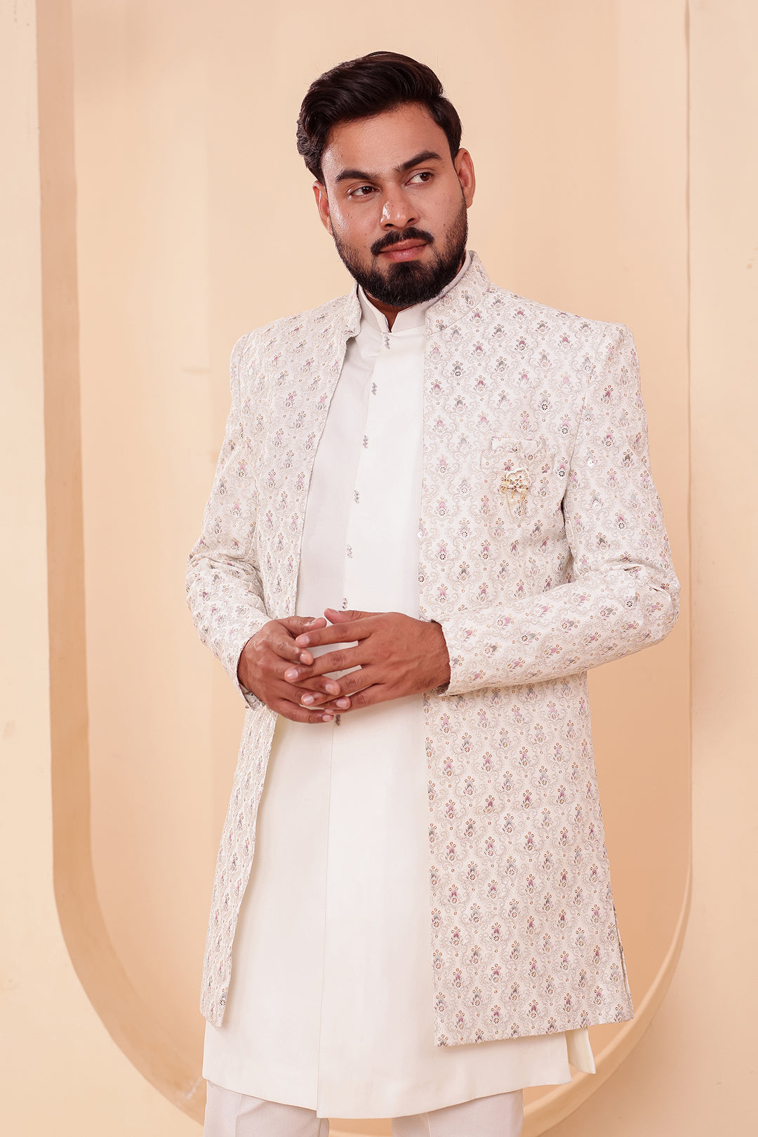White Designer Open Jacket Indo-Western Suit Embroidered with Sequin & Thread.