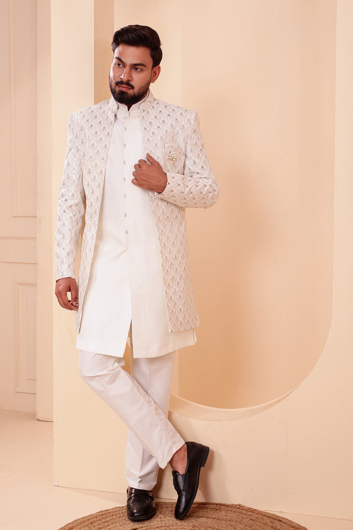 White Designer Open Jacket Indo-Western Suit Embroidered with Sequin & Thread.