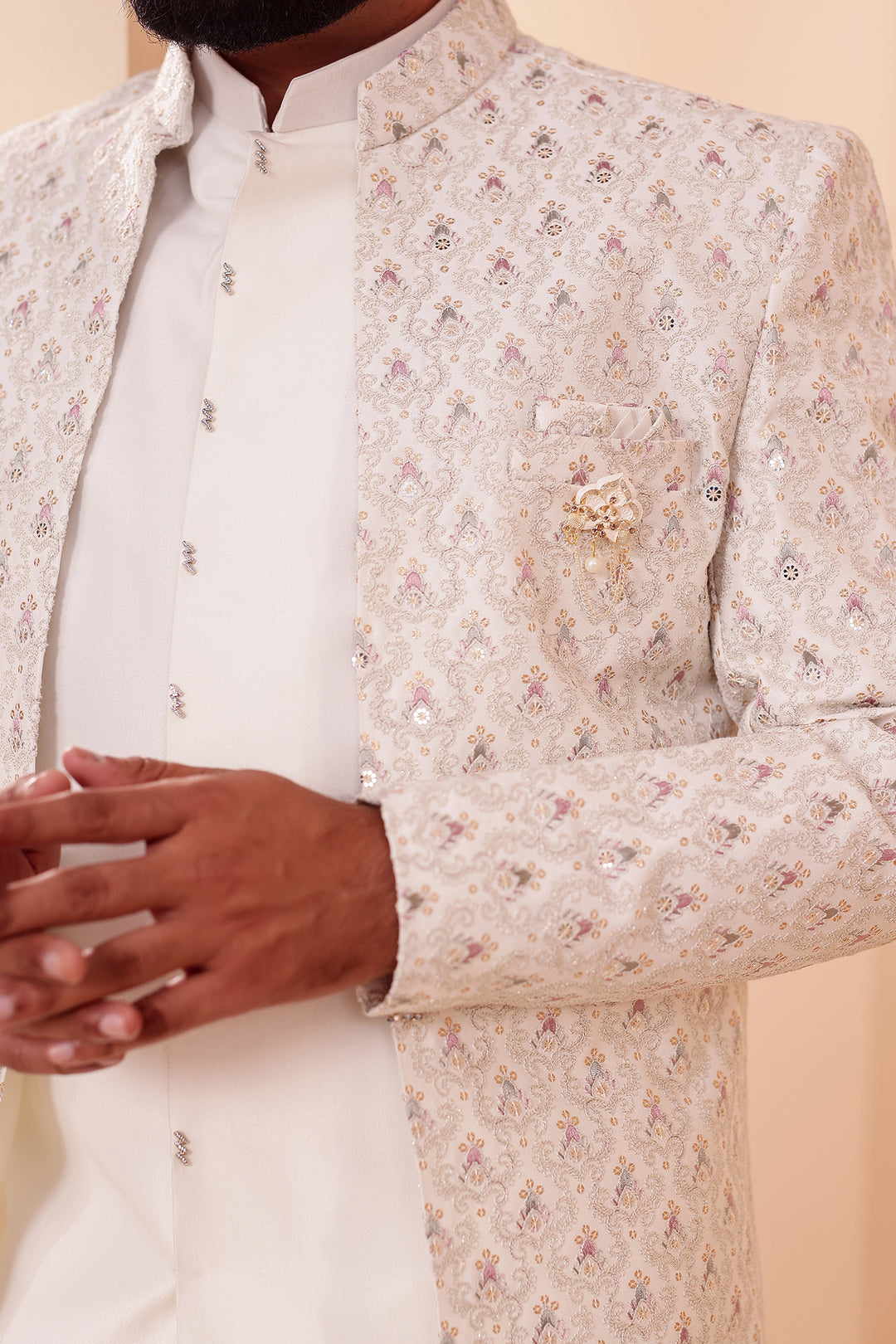 White Designer Open Jacket Indo-Western Suit Embroidered with Sequin & Thread.